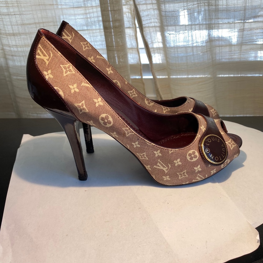 Louis Vuitton open pumps heels burgundy mules leather monogram 36.5 platforms - Picture 7 of 9
